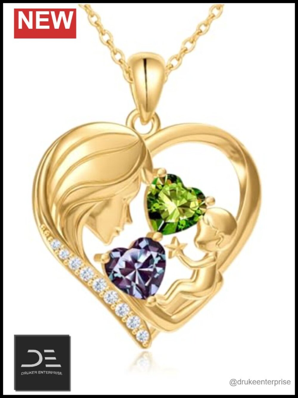 Mother Daughter Necklace with Two Birthstones, 14K Gold Plated Pendant,